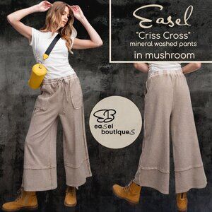 EASEL "Criss Cross" Mineral Washed Cotton Raw Seams Cropped Flared Pants Pockets